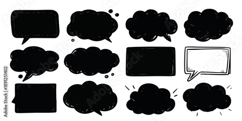 Coleção de balões de fala e pensamento desenhados à mão, pretos e com contorno, para design gráfico, mídia social e comunicação digital.