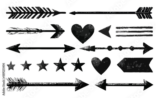 Coleção de setas, corações e estrelas desenhadas à mão em estilo grunge, ideais para design gráfico com fundo transparente.