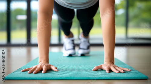 Female fitness enthusiast performing push-up exercise on a green yoga mat indoors, with blurred background of large windows and natural light