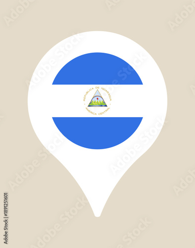 Nicaraguan flag map pin pointer marking a travel destination, symbolizing national identity in a modern vector illustration.