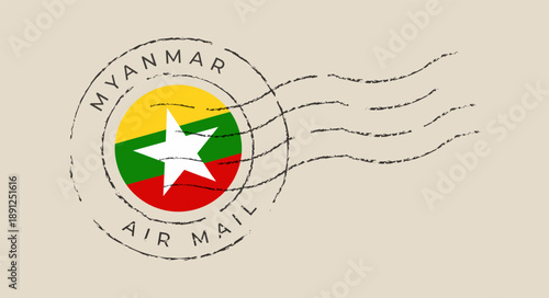 Myanmar Flag Postmark Stamped for International Air Mail Postal Service with a Vintage Grunge Texture.