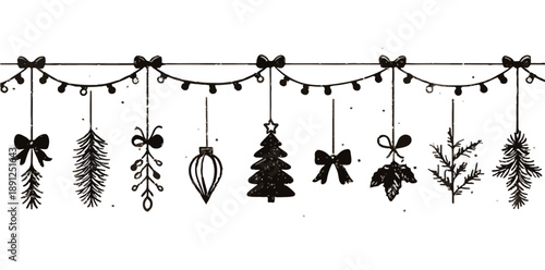 Guirlanda festiva de Natal desenhada à mão com enfeites variados, ideal para designs com fundo transparente.