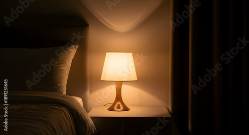 Warm, inviting glow from a stylish bedside lamp illuminates a tranquil bedroom setting, fostering a serene atmosphere perfect for winding down and peaceful slumber