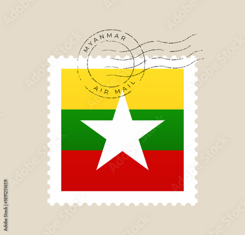 Myanmar postage stamp featuring the national flag, canceled with an air mail postmark in a vintage vector style.