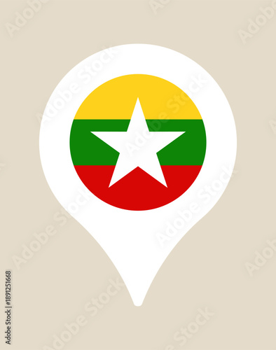 Myanmar Flag in Map Pin Pointer, a Flat Vector Location Icon for Travel, Geography, and Destination Concepts.