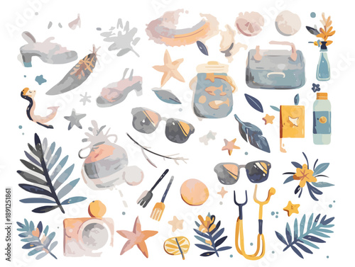 Coleção de elementos de verão em aquarela, incluindo acessórios de moda, plantas tropicais e objetos de praia, com um toque leve e transparente.