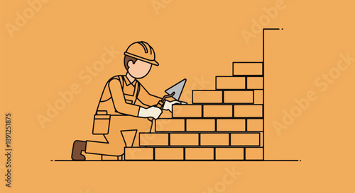 Construction Worker Building Brick Wall with Trowel.