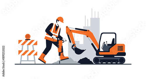 Construction Worker with Jackhammer and Excavator at Work.