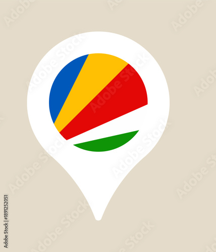 Seychelles Flag Map Pin Icon Marking a Geographic Destination, a Clean Vector Illustration for Travel and Tourism.