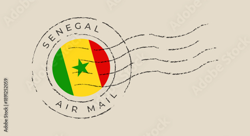 Senegalese Flag Inside a Circular Air Mail Postmark for International Travel with a Retro Grunge Style.