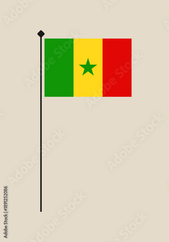 National flag of Senegal with green star flying on a simple black flagpole, an isolated vector illustration.