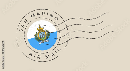 San Marino flag featured inside a circular postal stamp with air mail text in a vintage grunge style.