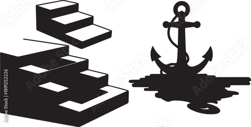 Staircase and anchor silhouette on white background illustration design