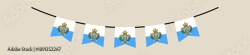 San Marino flag bunting hanging on a string for a national holiday celebration, a festive patriotic vector decoration.