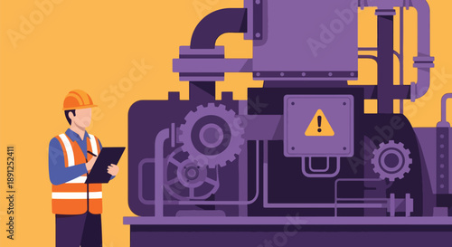 Engineer Inspects Industrial Machinery with Clipboard and Hard Hat.