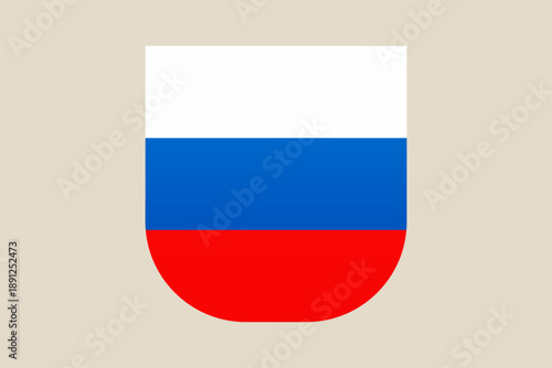 The Russian flag displayed in a modern shield crest, a simple flat vector graphic icon representing national pride.