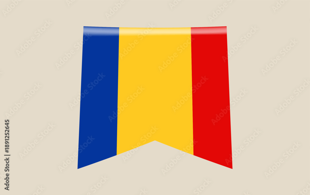 Fototapeta premium Glossy Romanian flag vector icon designed as a hanging pennant, a national symbol for patriotic celebrations.