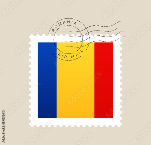 Romanian Flag Postage Stamp with Grunge Postmark for Air Mail Travel, a Vintage Patriotic Vector Illustration.