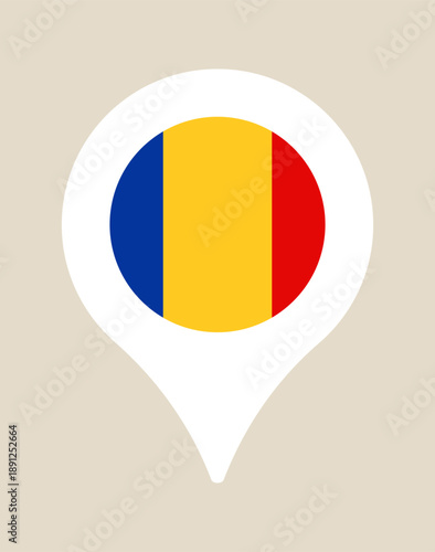 Romanian Flag inside a map location pin, a modern vector icon symbol for a travel destination in the country of Romania.