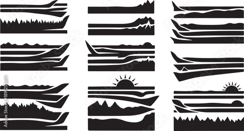 Collection of black silhouette landscape icons and designs