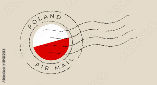 Poland Air Mail stamp vector featuring the Polish flag, a grunge postmark icon for international travel and postal correspondence.