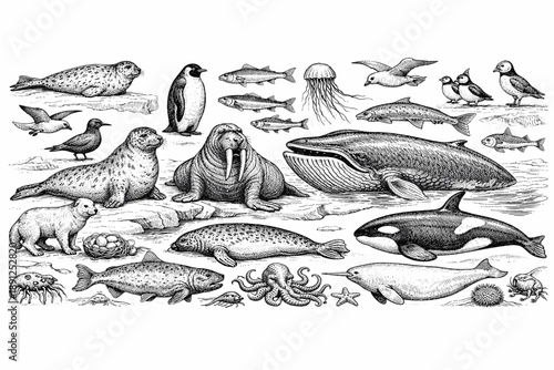 Marine wildlife illustrations featuring seals, walrus, whale, and penguins