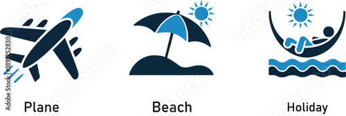 Travel vacation icons: airplane, beach umbrella, hammock, sun, and waves