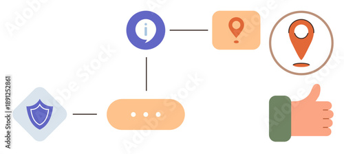 Data security, navigation system, approval workflow, decision-making, user guidance, location identification. Information icons, shield map pin hand with thumbs-up. Data security and navigation
