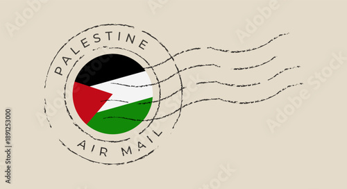 Palestine flag vector illustration inside a distressed air mail postal stamp for international correspondence with vintage aesthetic.
