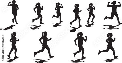 Silhouettes of people running in various dynamic poses together