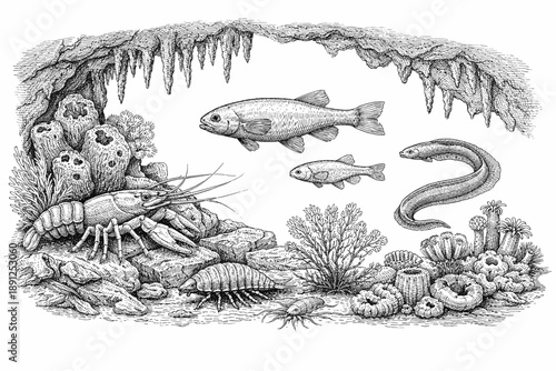 Detailed cavernous underwater scene with lobster, fish, eel, and coral