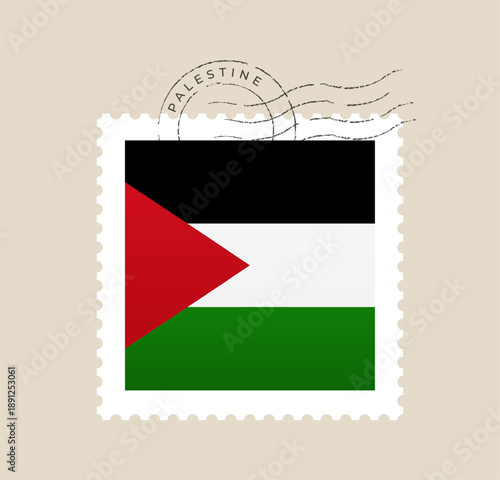 Palestine flag on a postage stamp with a postmark cancellation for international mail in a vintage retro style.
