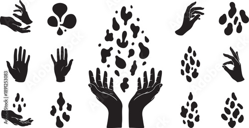 Hands releasing water droplets in a symbolic gesture illustration