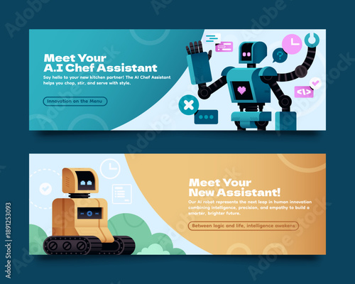 Friendly robot assistant horizontal banner in flat cartoon style