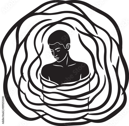 Man surrounded by swirling lines in black and white
