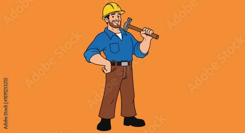 Cartoon Construction Worker Holding Hammer Safety Helmet on Orange Background.