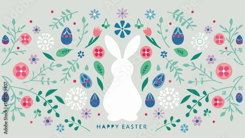 Easter bunny surrounded by colorful flowers and eggs