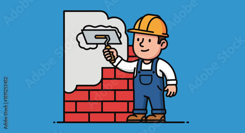 Construction Worker Applying Plaster to Brick Wall with Trowel.