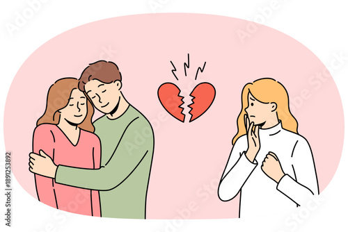 Love triangle between woman upset because of boyfriend who was accused of cheating. Broken heart near love triangle of couple and envious girl suffering from unrequited sympathy for man