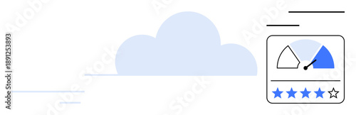 Cloud technology. Cloud graphic alongside performance rating and feedback gauge. Cloud technology innovation, data storage, user experience, tech efficiency, digital platforms