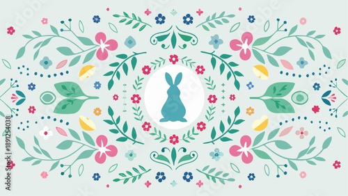 Whimsical Easter bunny surrounded by vibrant floral patterns
