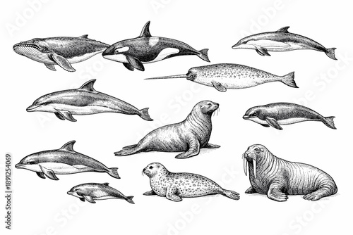 Detailed illustrations of marine mammals: whale, orca, dolphin, narwhal, seal, walrus