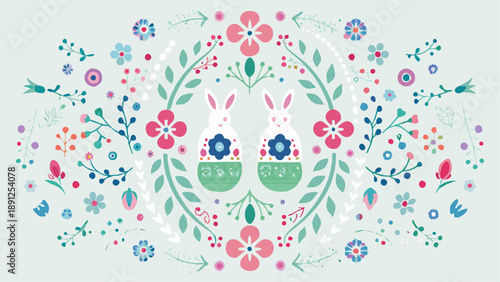 Adorable Easter bunnies surrounded by colorful flowers and leaves