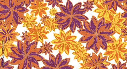 Vector illustration of overlapping stylized flowers in purple, orange, and yellow with radial symmetry and vibrant layering