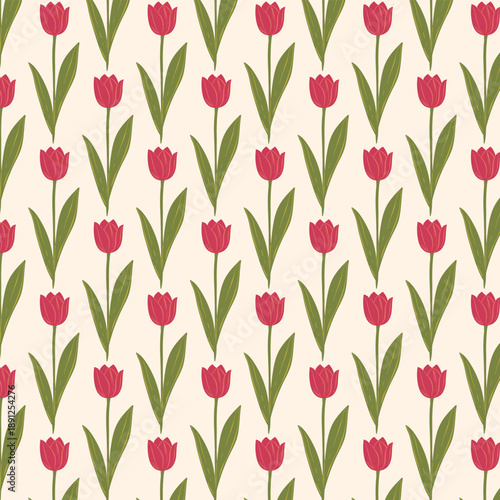 Floral Red Tulip Seamless Pattern. Vintage Style Spring Tulips Botanical Background