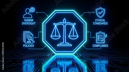 Digital concept of justice and ethical governance with glowing scales oversight policies and compliance on a futuristic circuit board
