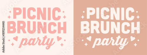 Picnic brunch party aesthetic lettering outdoor park breakfast spring summer theme girls shirt design. Girly groovy preppy retro vintage cute pastel pink brown poster print invitation invite card.
