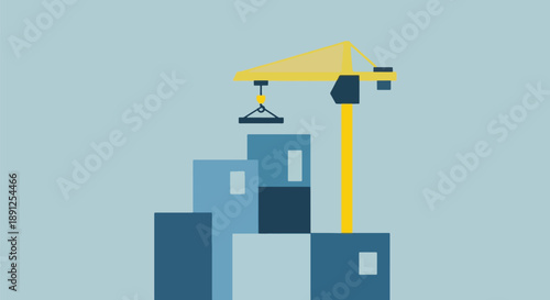 3D Modern Construction Crane Lifting Shipping Container Buildings.