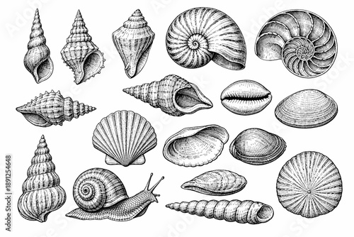Detailed black and white illustrations of various seashells