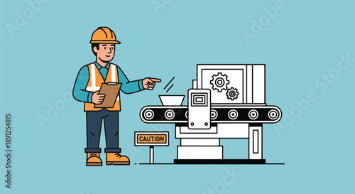 Factory Worker Inspects Automated Production Line.